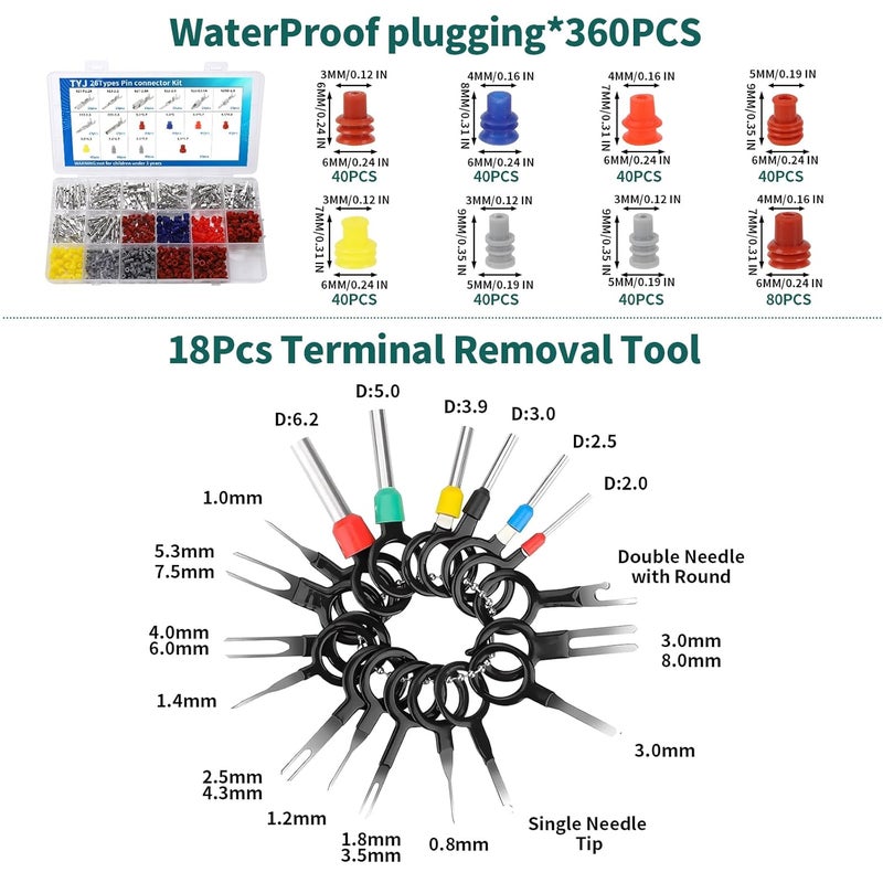 TYJ 812Pcs Pin Connector Kit with Crimping Pliers - Terminal Pin 1/1.5/1.8/2/2.2/2.3/2.8/3.5mm Non-Insulated Plug Removal Male & Female Wire Pins - Automotive Car Electrical - Image 3